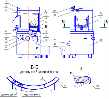 1 — Воронка; 2 — Корпус; 3 — Сетка; 4 — Стакан с подшипниками; 
5 — Индикатор; 6 — Кнопка «ПУСК»; 7 — Кнопка «СТОП»; 8 — Реле времени; 
9 — Винт с левой резьбой; 10 — Втулка прижимная; 11 — Вал приводной; 
12 — Диск абразивный; 13 — Крышка с манжетами 2.2-30×52-1 ГОСТ 8752-79; 
14 — Ремень поликлиновой 508РJ12; 15 — Двигатель с приводным шкивом; 
16 Мезгосборник; 17 — Патрубок сливной; 18 — Крышка; 19 — Чаша абразивная; 
20 — Ниппель; 21 — Люк разгрузочный; 22 — Планка запора; 23 — Чаша; 
24 — Обечайка; 25 — Основание