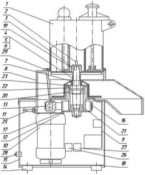1-Приспособление для нарезки; 2-Винт специальный; 3-Сменные рабочие органы; 4-Втулка;
5-Гайка регулировочная; 6-Контргайка; 7-Сбрасыватель; 8-Корпус с рабочей камерой;
9-Кронштейн; 10-Электродвигатель; 11-Болт натяжения; 12-Плита; 13,17-Шкивы; 14-Опора;
15-Кожух; 16-Ремень поликлиновой; 18,24-Крышки; 19-Вал; 20-Подшипник 180206;
21-Подшипник 180205; 22-Манжета; 23-Крышка; 25-Гайка; 26-Кнопка Пуск;
27-Кнопка Стоп; 28-Заземление; 29-Упор.
