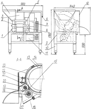 1-оси наладки; 2-наладка; 3-корпус барабана с вращающимся ротором; 4-бункер;
5-болты крепления опорных планок наладки; 6-пульт управления; 7-редуктор;
8-опорные планки наладки; 9-рама сварная; 10-подставка; 11-электродвигатель;
12-облицовка; 13-ротор; 14-планка ограничительная; 15-нож неподвижный;
16-лоток выгрузной; 17- кожух лотка; 18-нож поперечный; 19-гребёнка; 20-нож дисковый; 21-головка регулирующая; 22-винт регулировки уплотнительных планок;
23-планка уплотнительная.