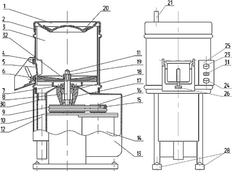 1-Воронка; 2-Рабочая камера; 3-Сетка; 4-Уплотнение дверцы; 5-Люк разгрузочный; 6-Диск; 7-Манжета; 8-Вал; 9-Ремень клиновой (Z(0)-670Вн ГОСТ 1284.1-89); 10-Шкив ведомый; 11-Винт; 12-Шланг сливной; 13-Кожух; 14-Электродвигатель; 15-Болт натяжения ремня; 16-Шкив ведущий; 17-Корпус; 18-Подшипники (ГОСТ 8882-75 180205, 180206); 19-Втулка прижимная; 20-Крышка; 21-Ниппель; 22-Чаша абразивная; 23-Кнопка Пуск; 24-Кнопка Стоп (красная); 25-Пульт управления; 26-Планка; 27-Чаша; 28-Станина; 29-Обечайка; 30-Патрубок для слива; 31-Индикатор; 32-Прокладка.