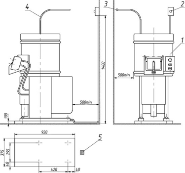 1-Машина МОК-150М или МОК-300М; 2-Выключатель автоматический; 3-Магистраль холодной воды; 4-Резиновый шланг; 5-Канализационный трап.